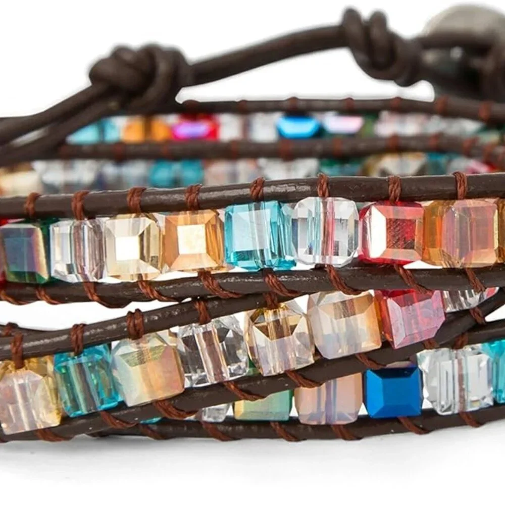 Handmade Leather Wrap Bracelet Multi-Color Glass Beads 3 Wrap Adjustable